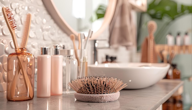 Photo different hairdressing tools on table in beauty salon