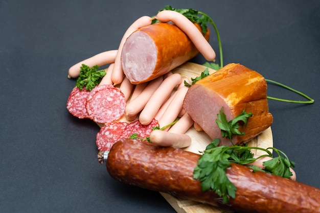 Different ham and salami with herbs on a dark background