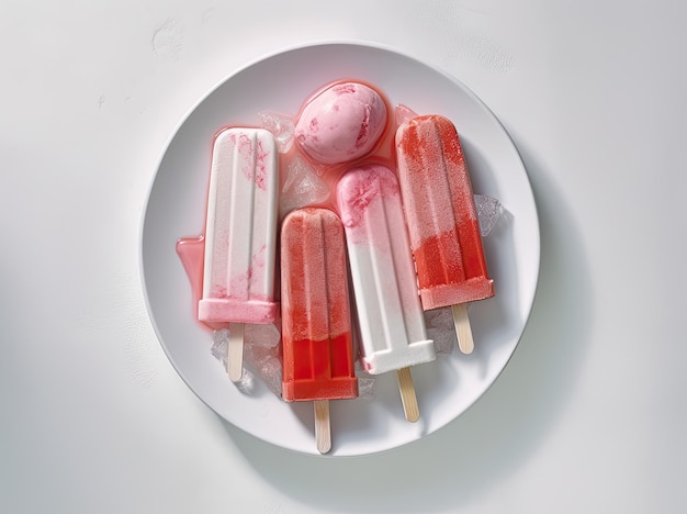 Different homemade ice cream popsicles over a plate Generative AI