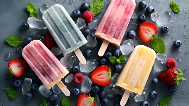 Different ice cream popsicles with ice fresh berries and mint top view flat lay Summer dessert frozen fruit juice Variety of popsicles on light grey background berry taste Generative AI