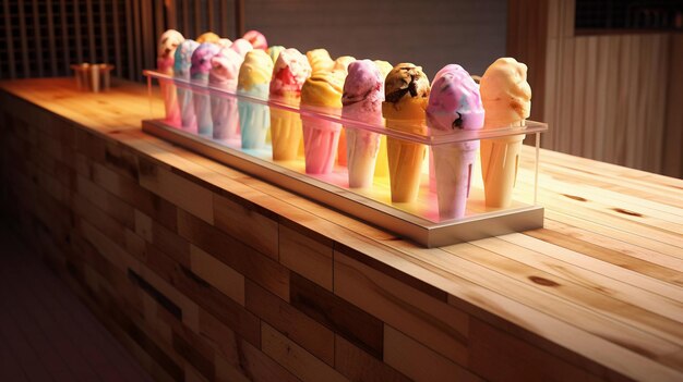 Different icecreams on the counter