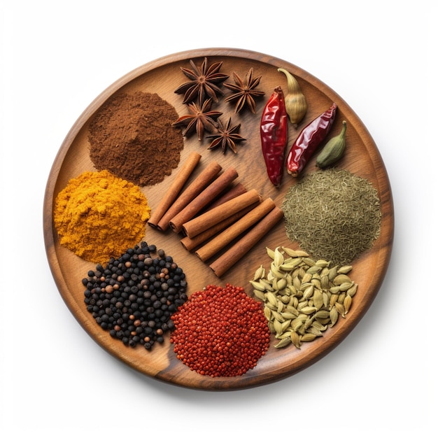 Different indian spices in a round wooden board