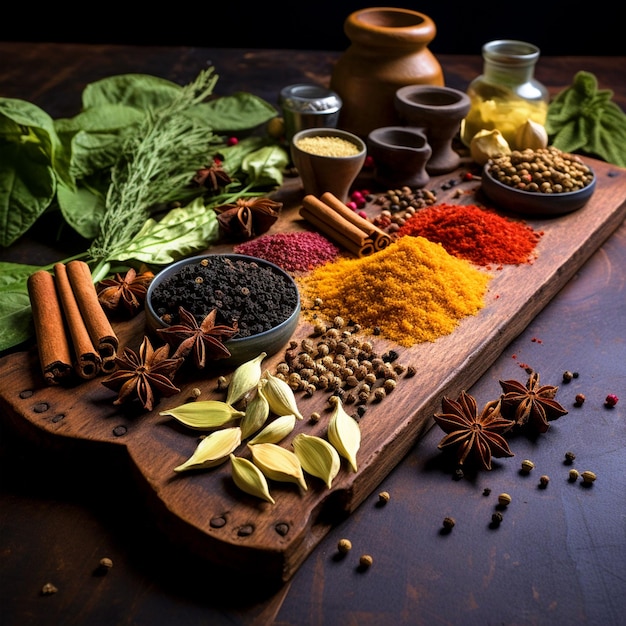 Different Indian spices on a wooden cutting board