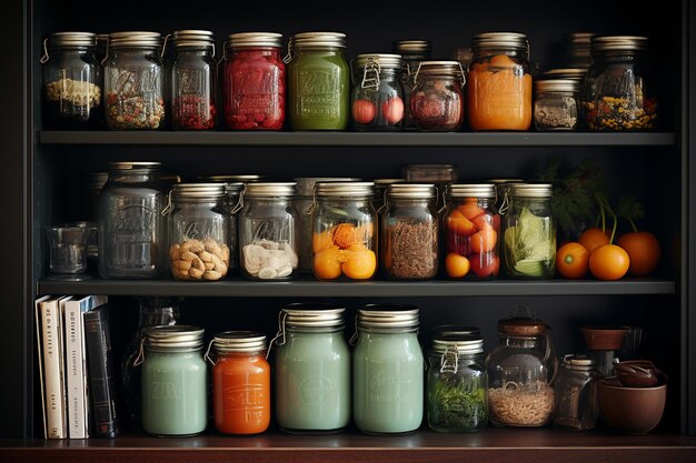 different jars of different food on shelves