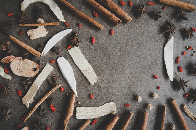 Different kind of Chinese herbal on old background