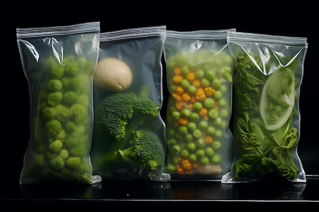 Different kind of deep frozen vegetables in plastic bags in a refrigerator