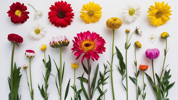 Different kind of flowers on white background