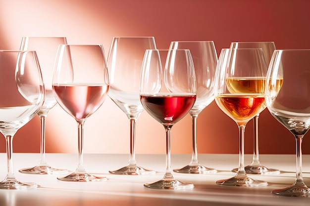 중립적인 분홍색 벽 맞은편 테이블에 있는 와인잔에 있는 다른 종류의 천연 와인