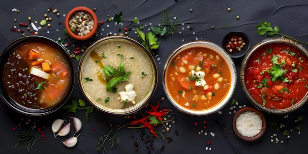 Different Kind of Soups in a different bowls top view Ai Generated