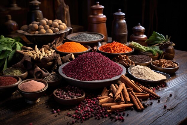 Different kind of spices arranged on a wooden table