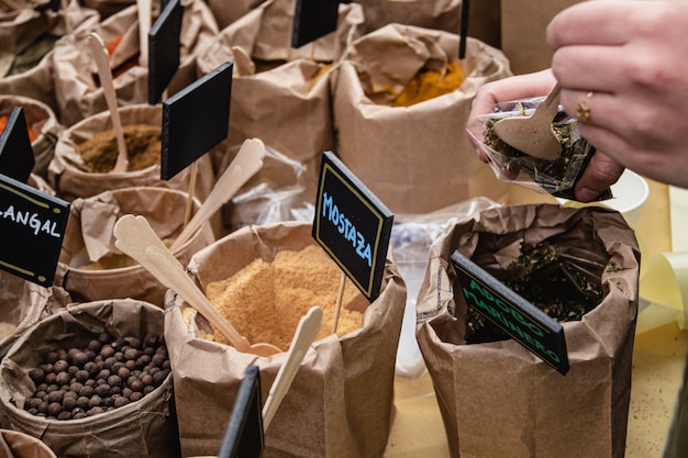 Different kind of spices in sacks