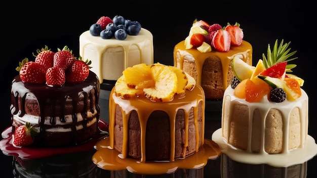 Different kinds of cream caramel and chocolate cakes with fruits on the top