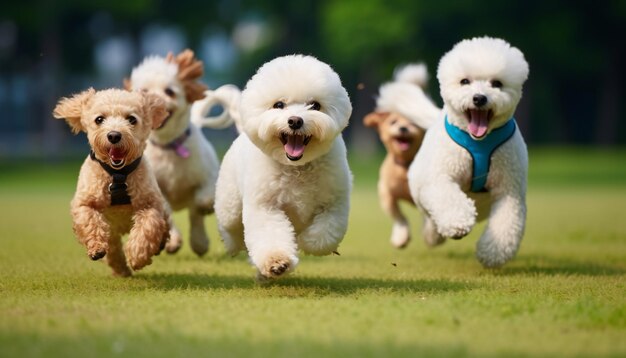 Different kinds of poodle breed dogs group running and playing