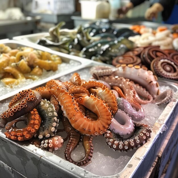 Photo different kinds of sea animals are selling in the fish market in penghu bright and fresh