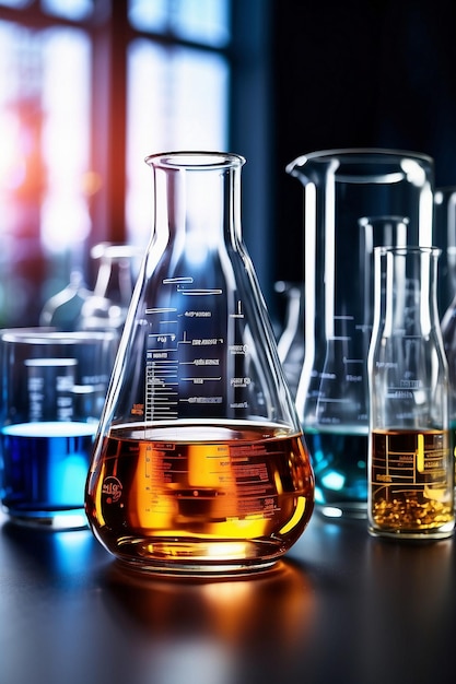 Different laboratory glassware on table with reflection