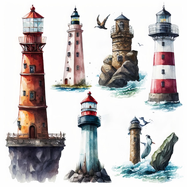 Different lighthouses, high detailed clipart on white background, watercolor painting