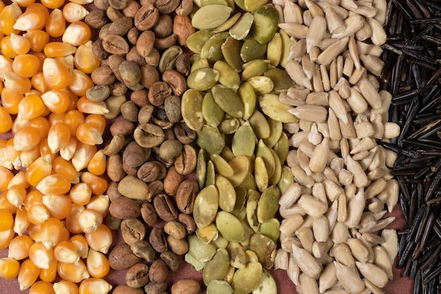 Different lines of cereals and seeds on a brown surface