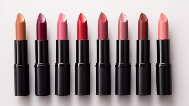 different lipsticks on grey background top view