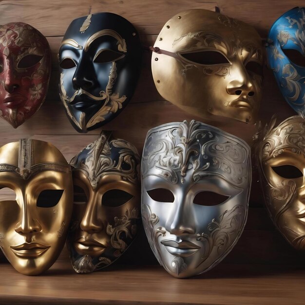 Photo different masks on wooden table