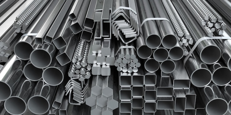 Different metal rolled products Stainless steel profiles and tubes in warehouse background