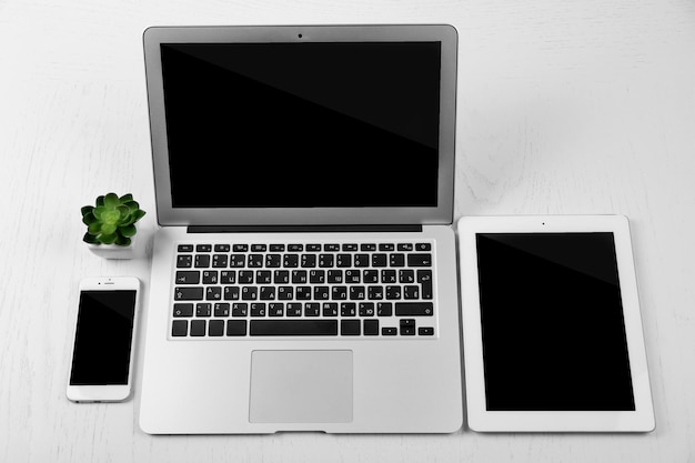 different modern devices with green plant on light table