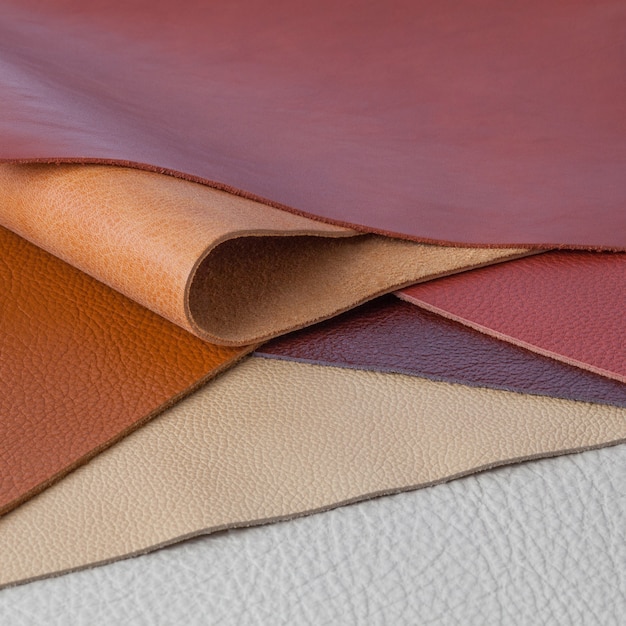 Different multicolored natural leather textures samples