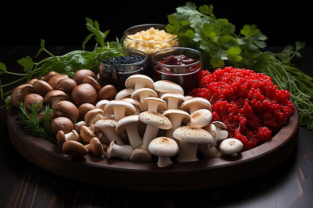 Различные грибы, ягодное варенье и петрушка на деревянном фоне.