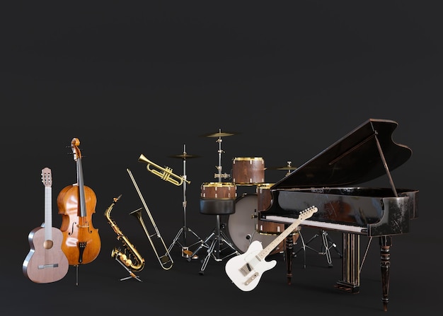 Diversi strumenti musicali su sfondo nero copia spazio per il logo pubblicitario di testo piano chitarra sassofono batteria concetto di scuola di musica educazione musicale rendering 3d