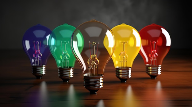 Photo different new ideasrow of colored light bulbs isolated generative ai