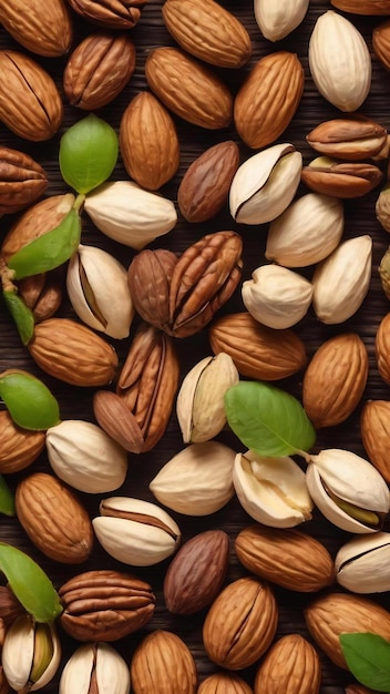 Different nuts frame background close up top view flat lay with vopy space walnut pistachios almonds