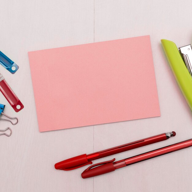 Different Office Supplies Colored Stickers Notebooks Pens Pencils Rullers Marckers Different School Items Important information Accessories lying on desk