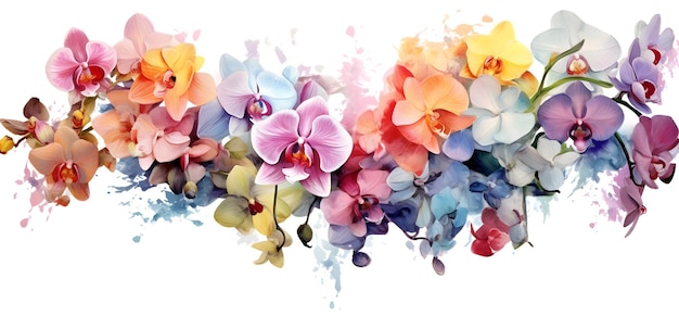 Different orchids in impressionistic style on white background