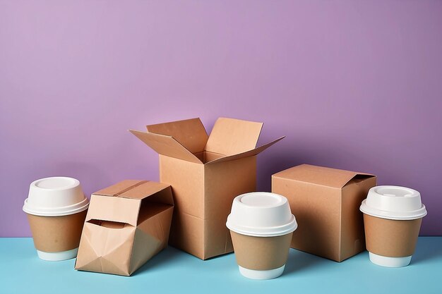 Different packages and carton cups on table against color background