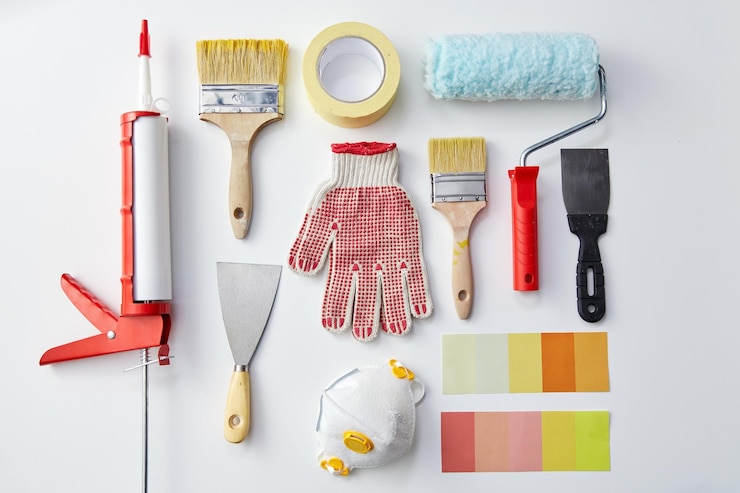 Photo different painting work tools on white background