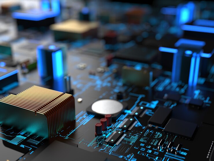 Photo different parts of computer chips and transistors