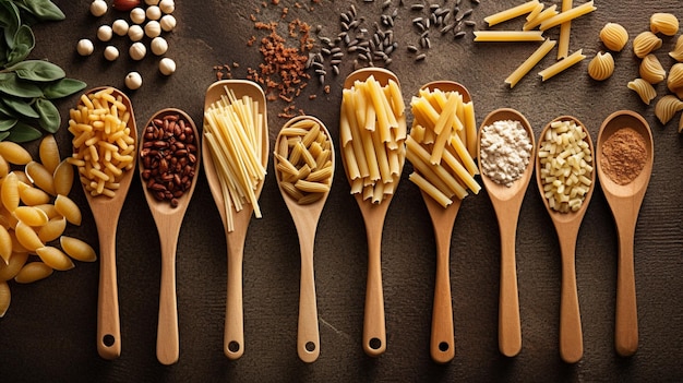 Different pasta types in wooden spoons on the table Top view