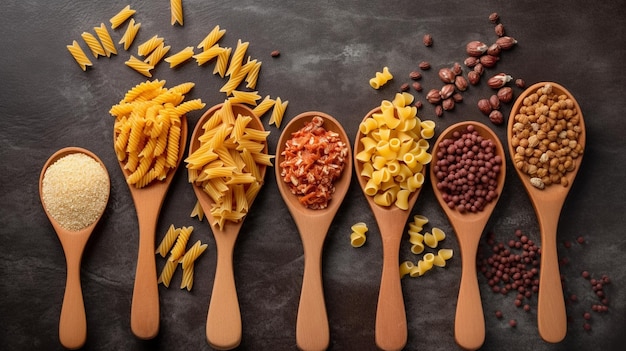 Photo different pasta types in wooden spoons on the table