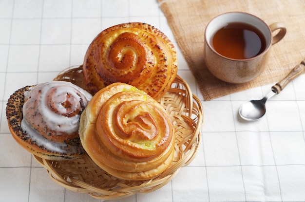 Different pastries and tea