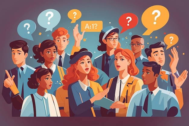Different people asking questions illustration