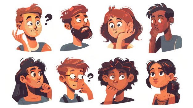 Different people doubt think about a question or problem Flat modern illustration of a confused thoughtful girl shrugging her shoulders