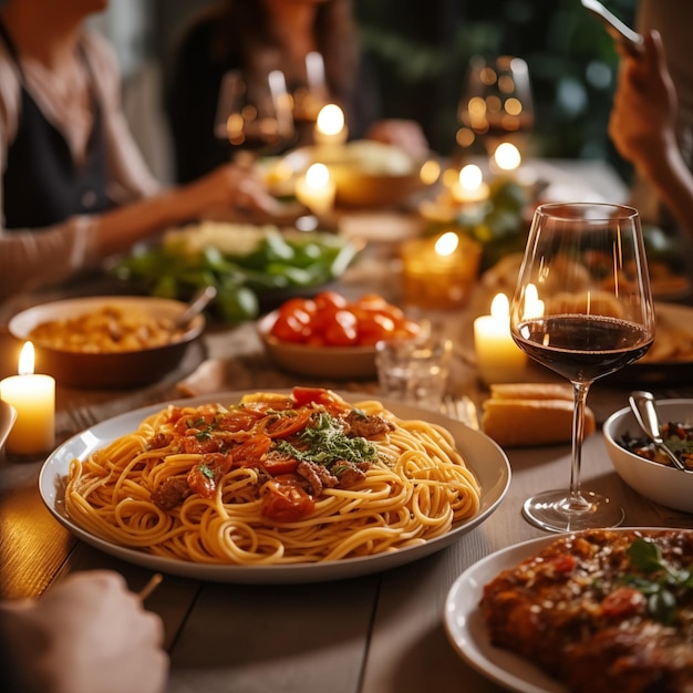 사진 다양한 사람들이 채식주의 저녁을 먹고 친구 그룹이 따뜻하고 환영적인 집에서 식사를 나누는 동안 재미를 느끼고 있습니다.