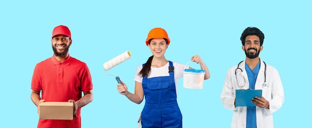 Different people in work uniforms posing over blue background