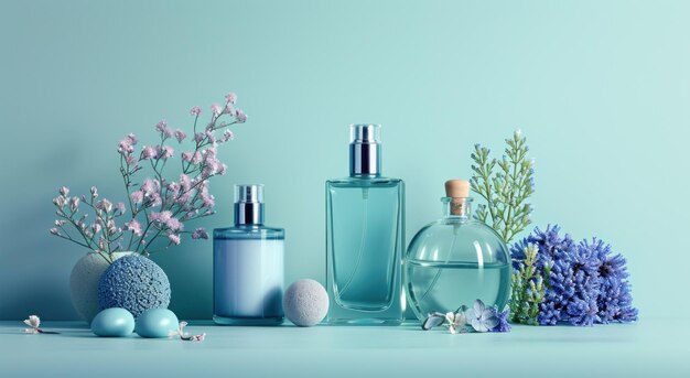 different perfume bottles are located on a blue background