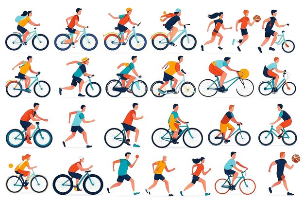 Photo different physical activities do sports set people cycling jogging swimming