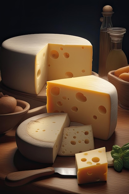 주방 의 검은 배경 에 맞춰 나무 테이블 에 있는 치즈 와 칼 의 다른 조각