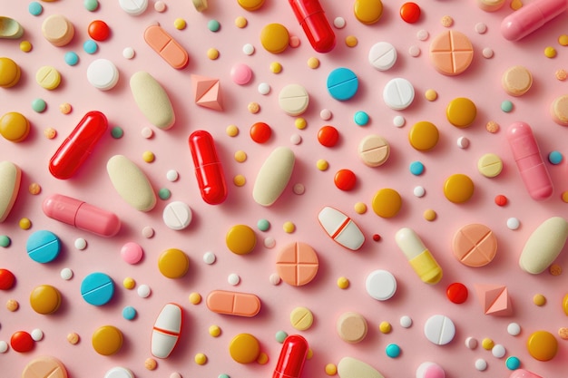 Different pills on color background flat lay ai generated