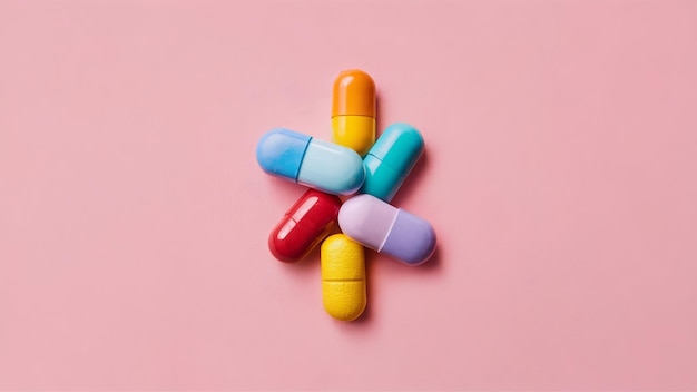 Different pills on pink background