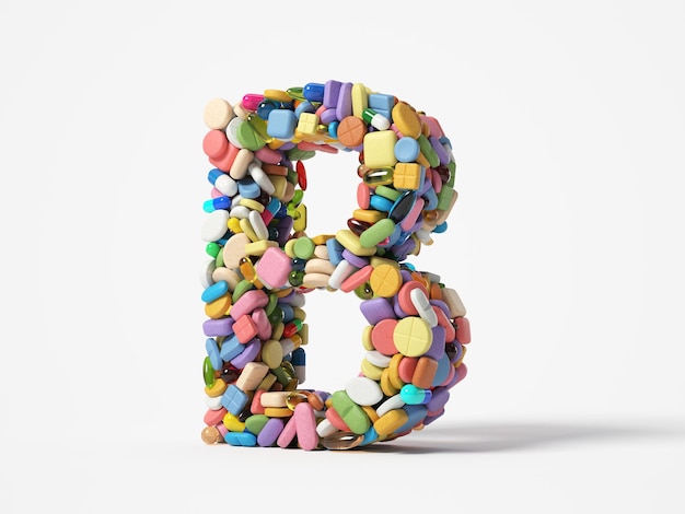 Photo different pills stack in shape of letter b. suitable for medicine, healthcare and science themes. 3d illustration, isolated on white background