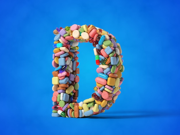 Diverse pillole impilano a forma di lettera d. adatte a temi di medicina, sanità e scienza. illustrazione 3d con sfondo blu.