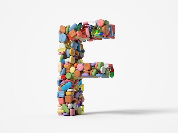 Photo different pills stack in shape of letter f. suitable for medicine, healthcare and science themes. 3d illustration, isolated on white background